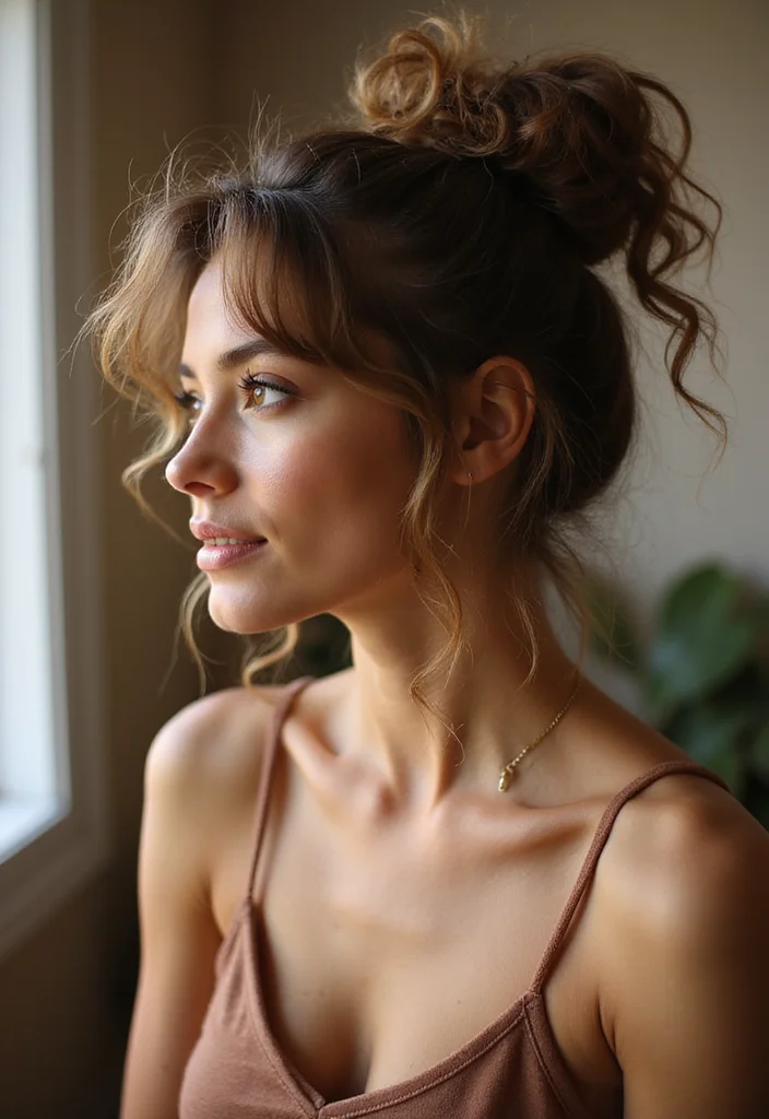 25 Beautiful Curly Crochet Hair Styles to Elevate Your Look - 7. Messy Bun with Curly Strands