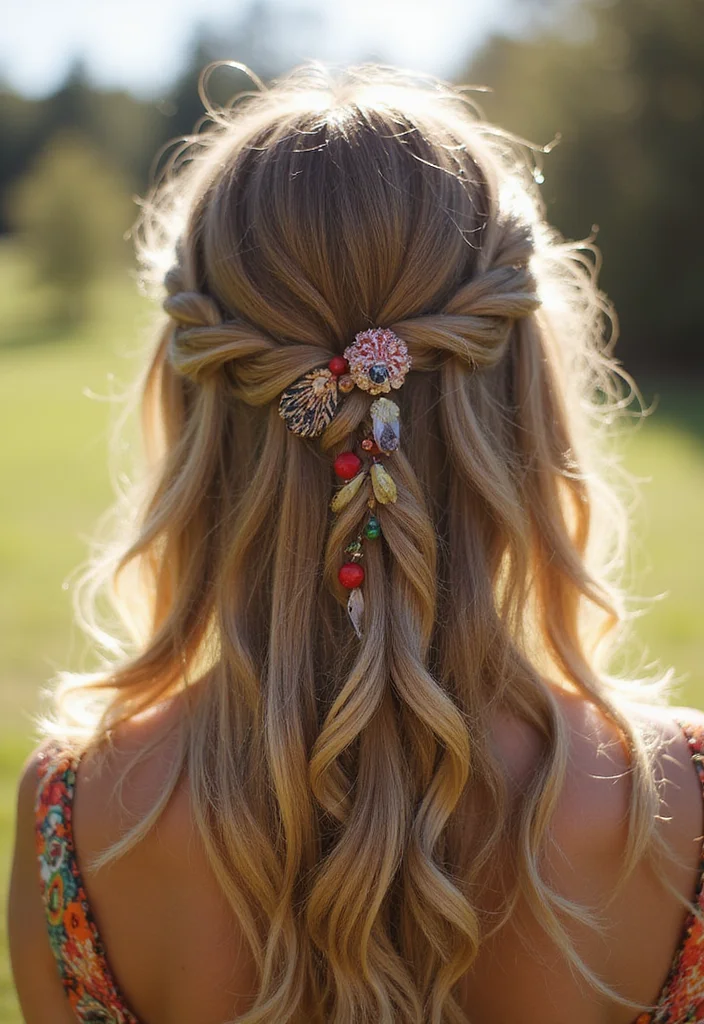 25 Gorgeous Half Braids Half Crochet Hairstyles to Try This Year - 25. Half Braid with Feather Accents
