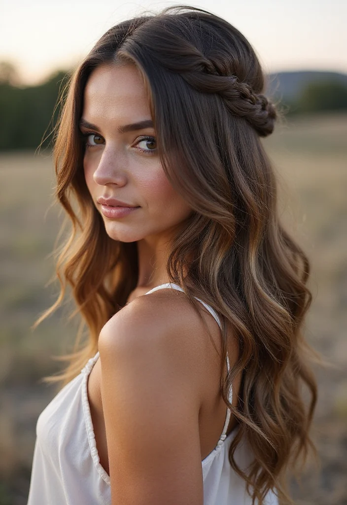 25 Gorgeous Half Braids Half Crochet Hairstyles to Try This Year - 9. Boho Half Braid and Layered Waves