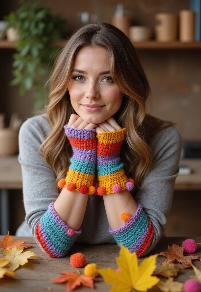 26 Cozy Crochet Fingerless Gloves Free Pattern Designs to Make - 4. Playful Pom-Pom Accents