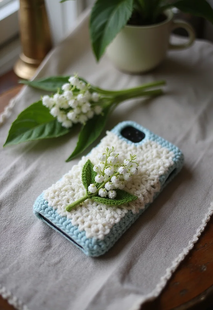 26 Stunning Lily of the Valley Crochet Ideas to Make at Home - 18. Crochet Lily of the Valley Phone Case