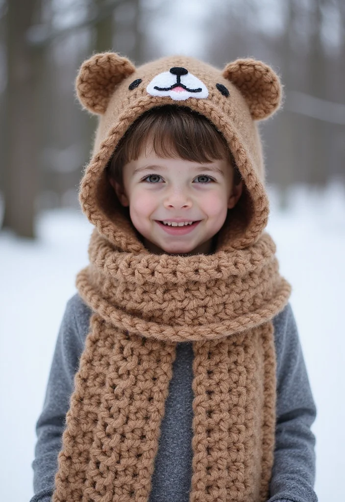 26 Sweet Crochet Teddy Bear Patterns Free Projects for Beginners - 12. Teddy Bear Hooded Scarf