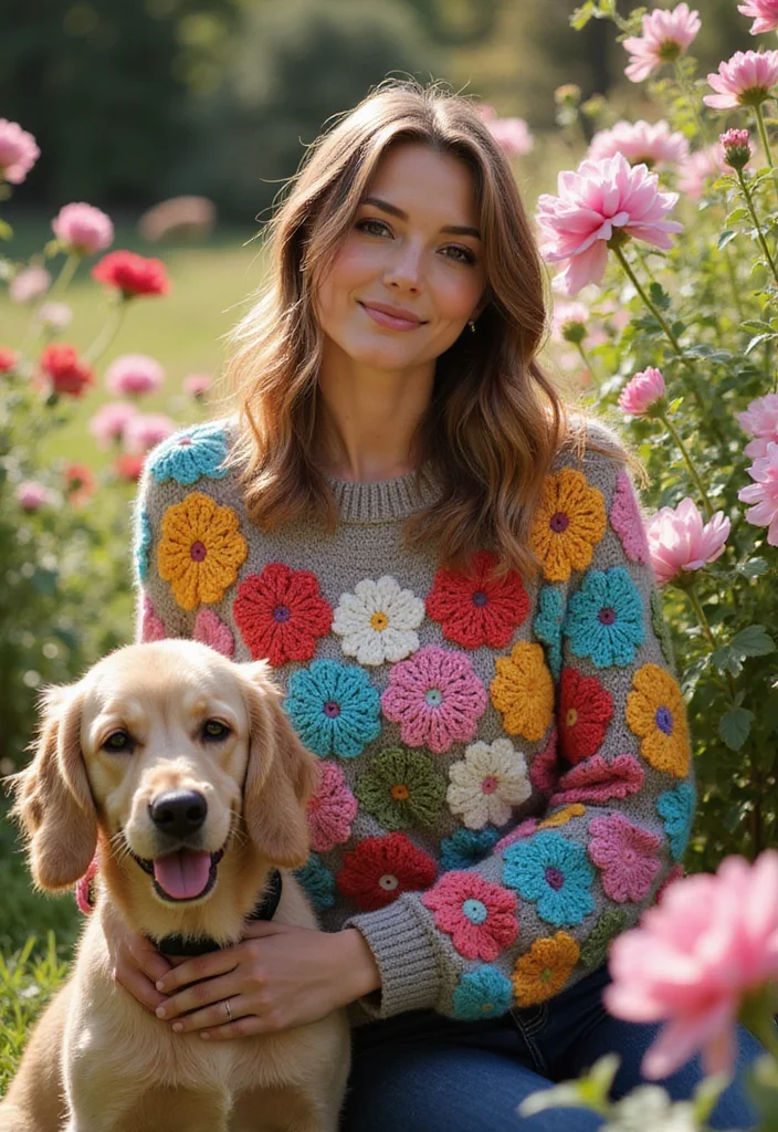 27 Cute Crochet Dog Sweater Free Pattern Projects for Your Pup - 5. Floral Appliqué Sweater