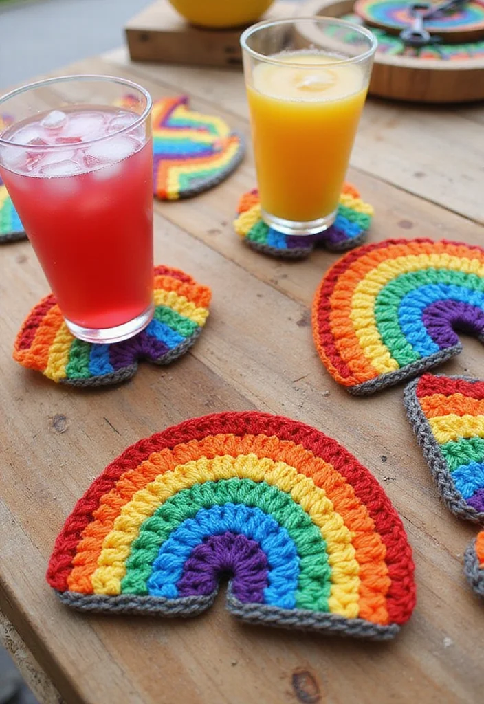 27 Fun Crochet Coasters Free Pattern Ideas for Home Decor - 14. Rainbow Coasters