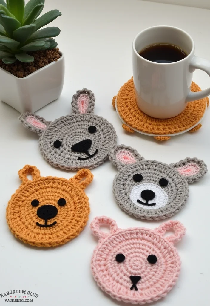 27 Fun Crochet Coasters Free Pattern Ideas for Home Decor - 20. Cute Animal Coasters