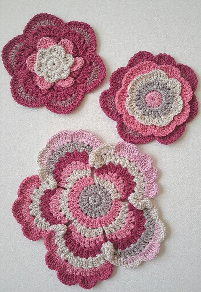 27 Fun Crochet Coasters Free Pattern Ideas for Home Decor - 24. Layered Coasters