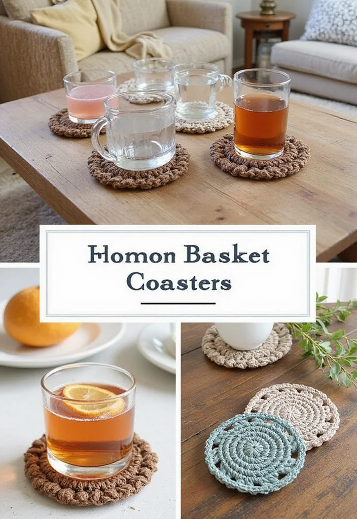 27 Fun Crochet Coasters Free Pattern Ideas for Home Decor - 25. Crocheted Baskets as Coasters