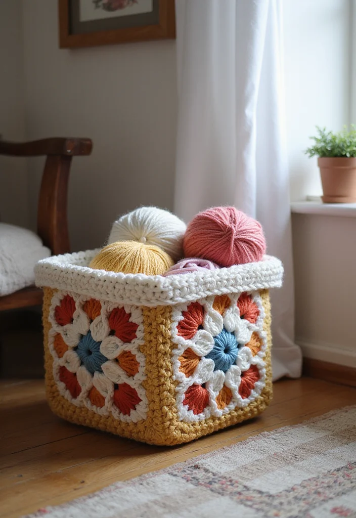 30 Classic Granny Square Crochet Pattern Ideas for Every Crocheter - 9. Granny Square Storage Basket