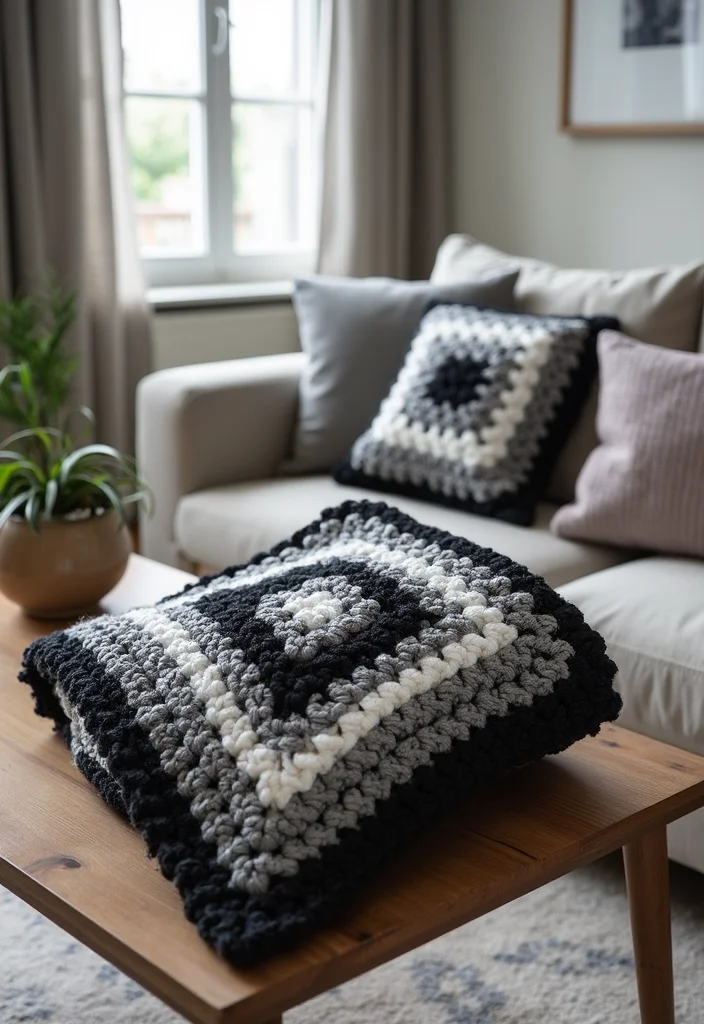 30 Colorful Crochet Granny Square Blanket Designs to Try - 23. Grayscale Elegance