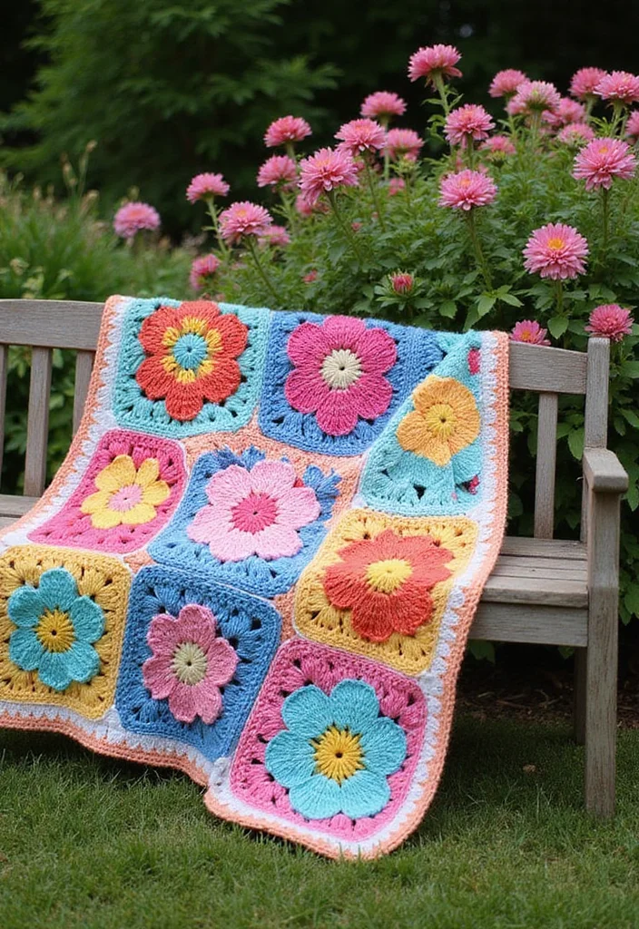 30 Colorful Crochet Granny Square Blanket Designs to Try - 3. Garden Blooms