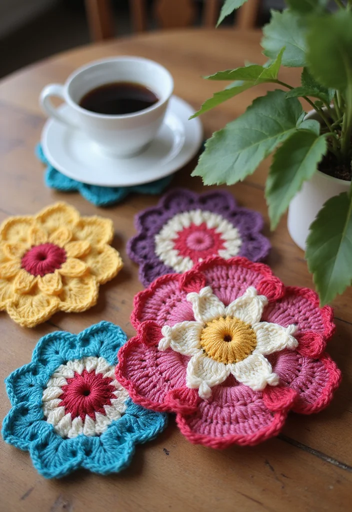 30 Cute Ideas on How to Crochet a Flower for Any Project - 9. Embellished Flower Coasters