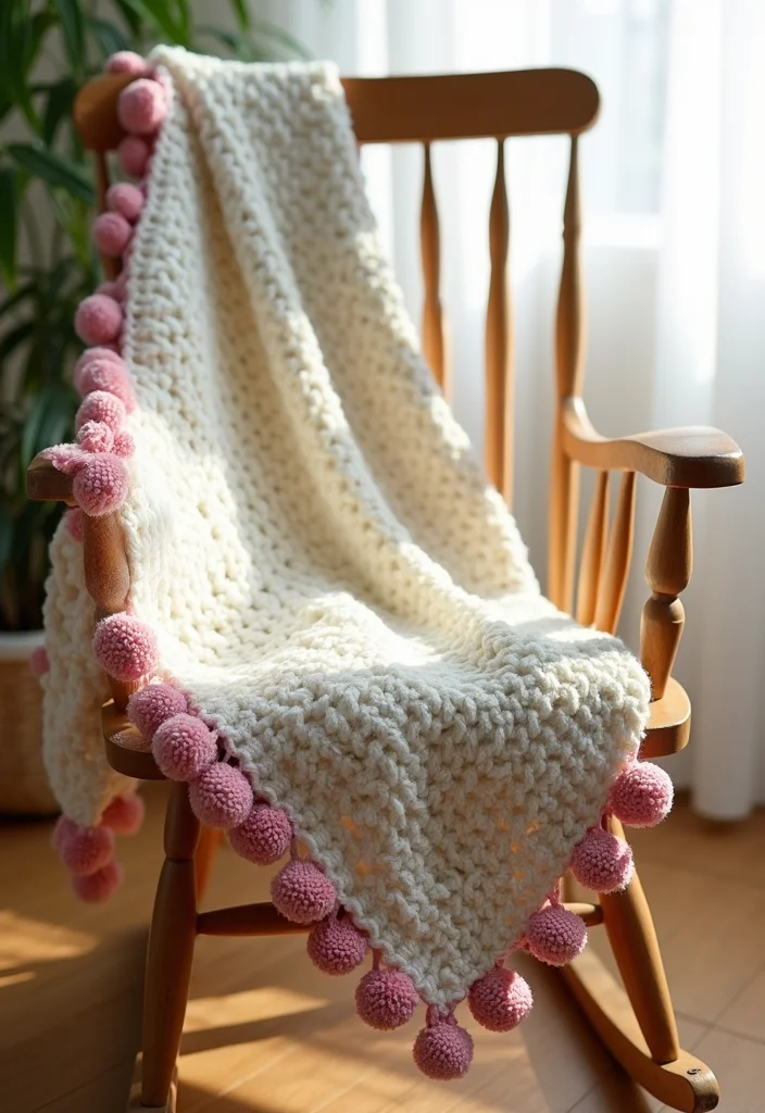 30 Lovely Baby Blanket Crochet Pattern Ideas for All Levels - 8. Pom-Pom Trimmed Blanket
