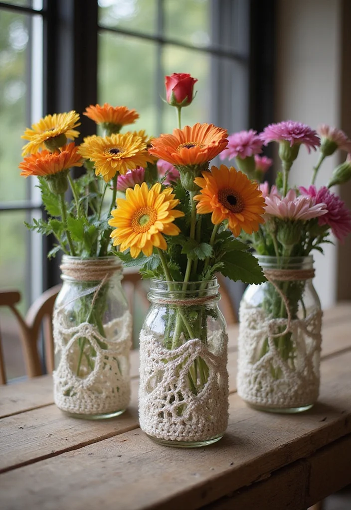 30 Pretty Crochet Flowers Free Pattern Collections for Any Project - 17. Decorative Crochet Flower Jars