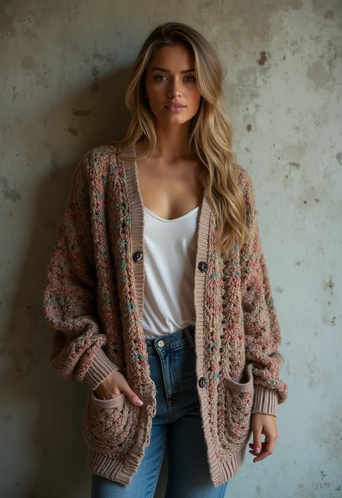 30 Stylish Crochet Cardigan Pattern Free Women Designs - 26. Mixed Media Cardigan