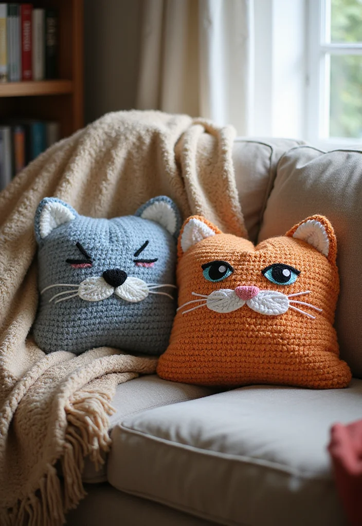 Cat Crochet Pattern Free: Adorable Feline Amigurumi Guide with 17 Playful Visual Inspirations - 13. Feline-themed Pillow Covers