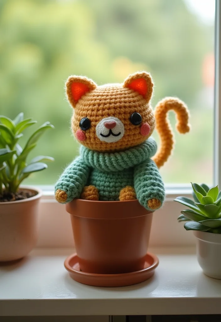Cat Crochet Pattern Free: Adorable Feline Amigurumi Guide with 17 Playful Visual Inspirations - 15. Decorative Cat Plant Cozy