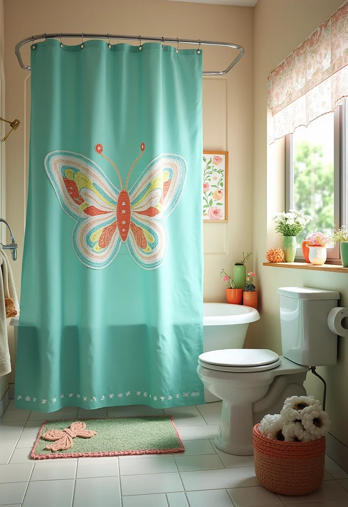 Crochet Butterfly Free Pattern: Delicate Design Guide with 17 Elegant Visual Inspirations - 14. Butterfly Shower Curtain Accents