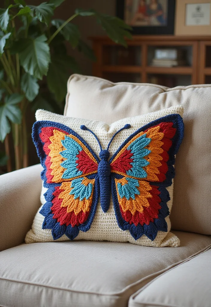 Crochet Butterfly Free Pattern: Delicate Design Guide with 17 Elegant Visual Inspirations - 6. Elegant Butterfly Throw Pillow
