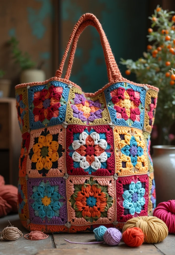 Crochet Granny Square Bag Tutorial Featuring 19 Creative Visual Inspirations for Your Next Project - 1. Boho-Chic Tote Bag