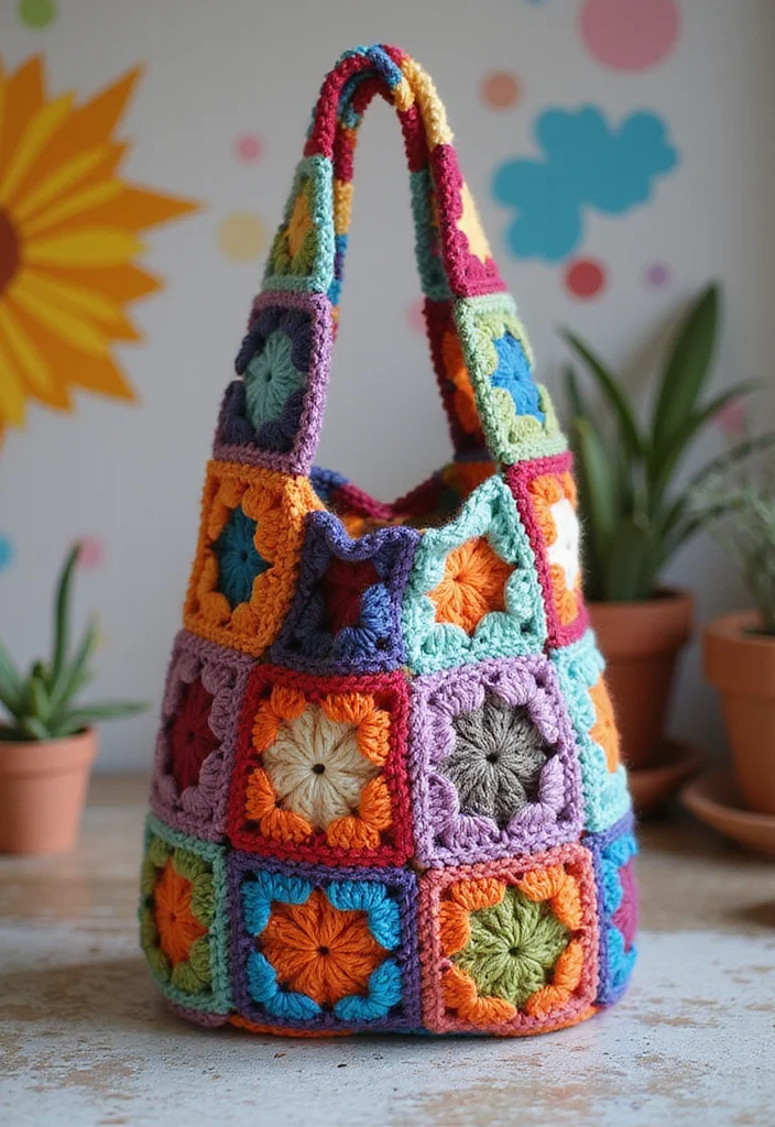 Crochet Granny Square Bag Tutorial Featuring 19 Creative Visual Inspirations for Your Next Project - 11. Granny Square Bucket Bag