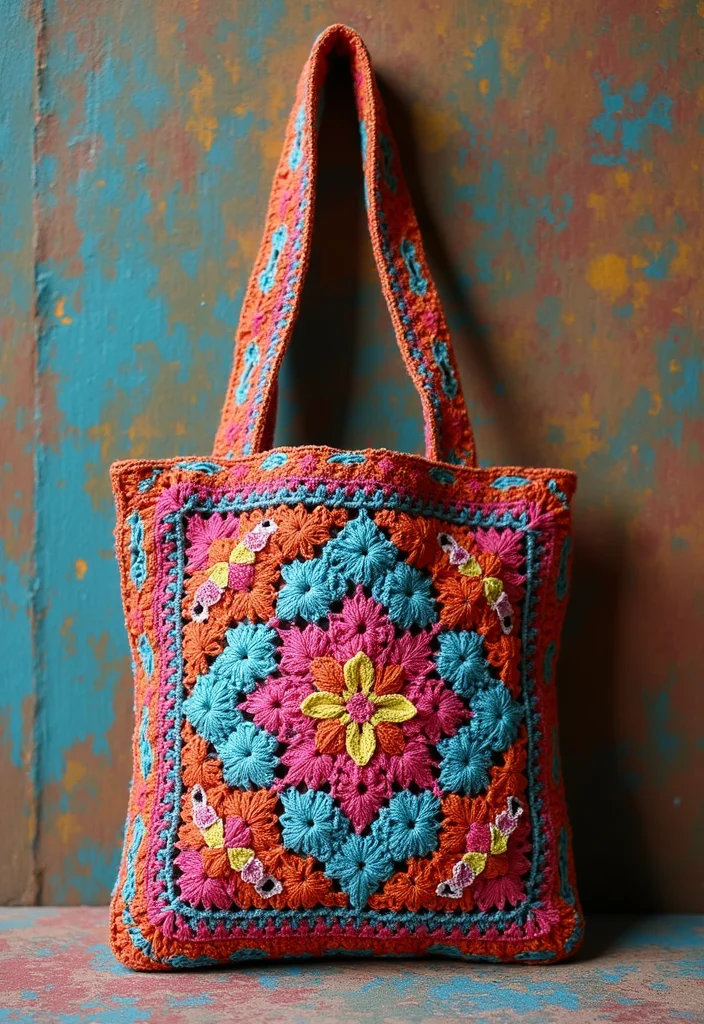 Crochet Granny Square Bag Tutorial Featuring 19 Creative Visual Inspirations for Your Next Project - 15. Mosaic Granny Square Bag
