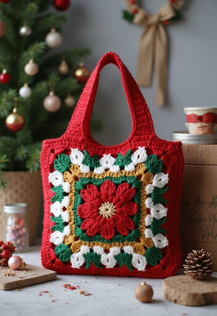 Crochet Granny Square Bag Tutorial Featuring 19 Creative Visual Inspirations for Your Next Project - 19. Festive Holiday Bag