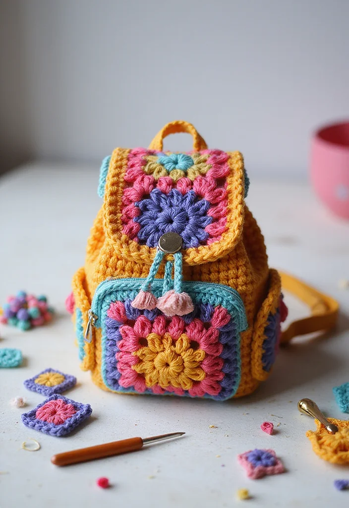 Crochet Granny Square Bag Tutorial Featuring 19 Creative Visual Inspirations for Your Next Project - 2. Mini Backpack
