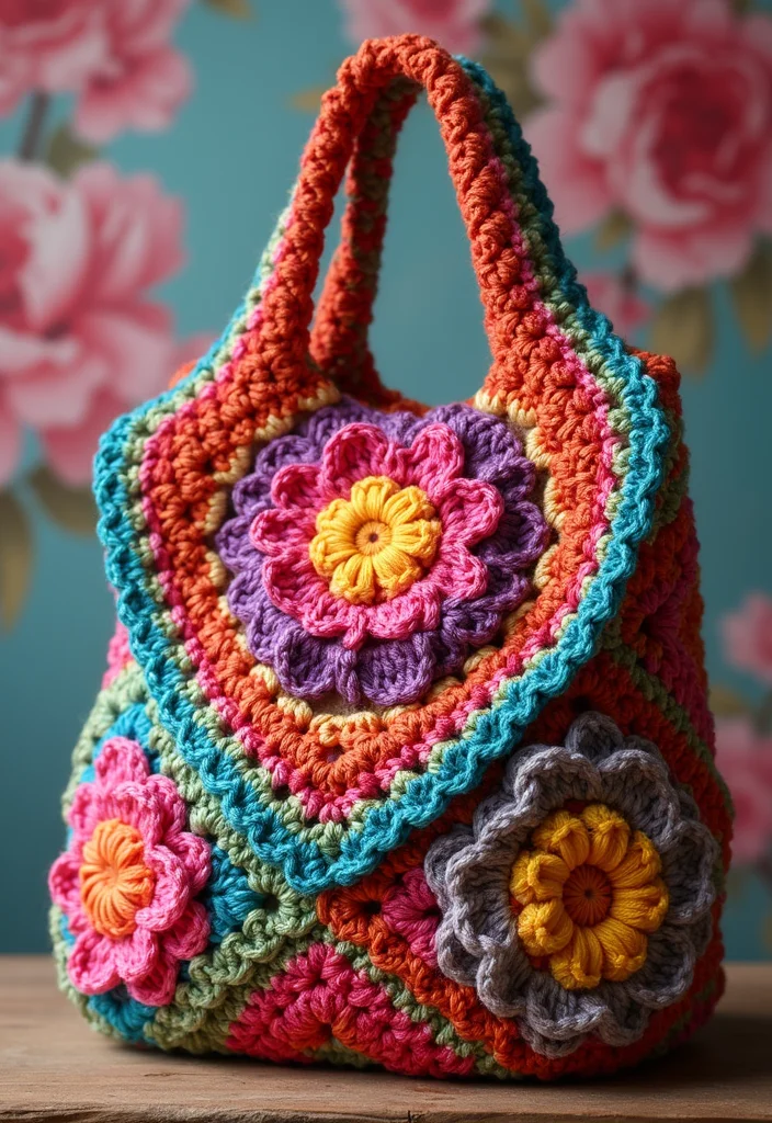 Crochet Granny Square Bag Tutorial Featuring 19 Creative Visual Inspirations for Your Next Project - 6. Flower-Power Granny Square Bag