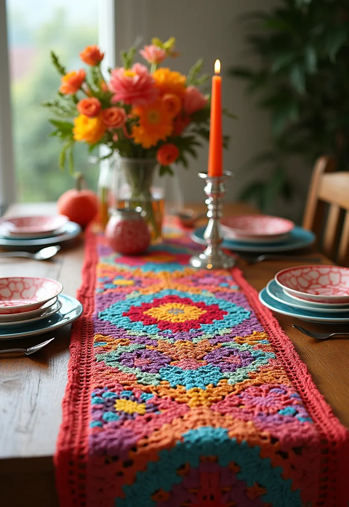 Crochet Table Runner Pattern Guide with 18 Beautiful Visual Inspirations to Elevate Your Décor - 2. Vibrant Color Splash