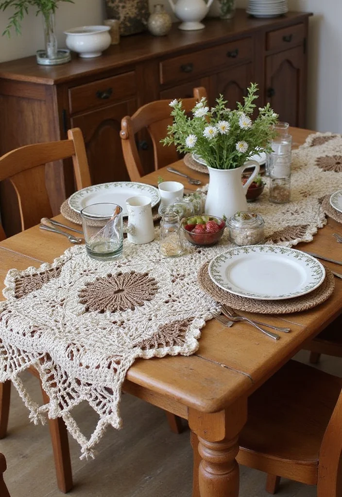 Crochet Table Runner Pattern Guide with 18 Beautiful Visual Inspirations to Elevate Your Décor - 3. Rustic Farmhouse Style