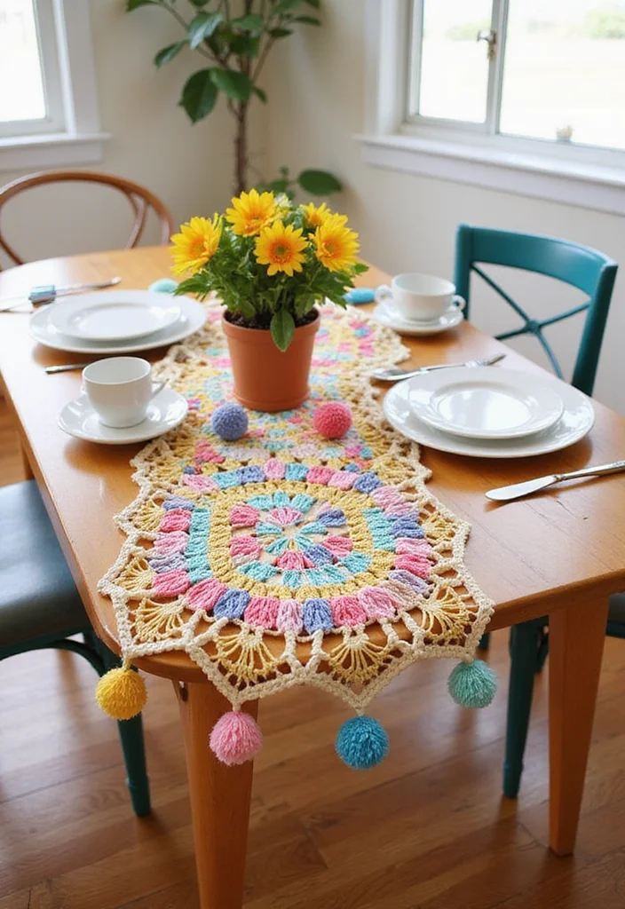 Crochet Table Runner Pattern Guide with 18 Beautiful Visual Inspirations to Elevate Your Décor - 8. Playful Pom-Poms