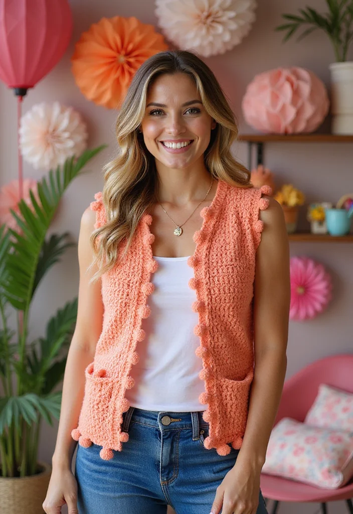Crochet Vest Pattern Free: Stylish Layering Guide with 18 Trendy Visual Inspirations - 10. Playful Pom-Pom Crochet Vest