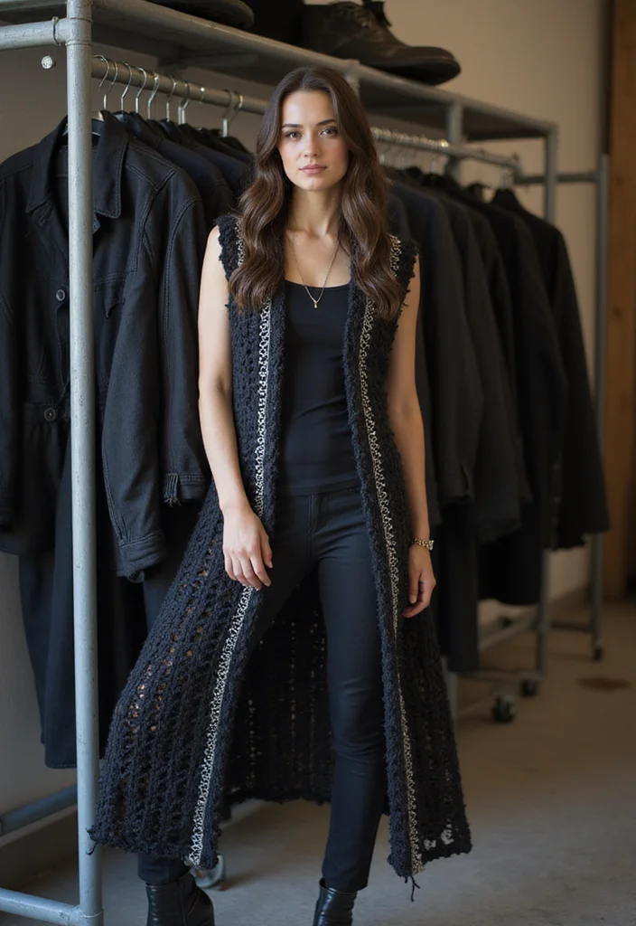 Crochet Vest Pattern Free: Stylish Layering Guide with 18 Trendy Visual Inspirations - 8. Edgy Longline Crochet Vest