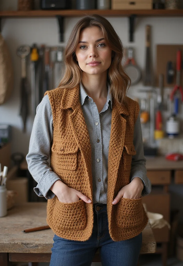 Crochet Vest Pattern Free: Stylish Layering Guide with 18 Trendy Visual Inspirations - 9. Functional Utility Crochet Vest