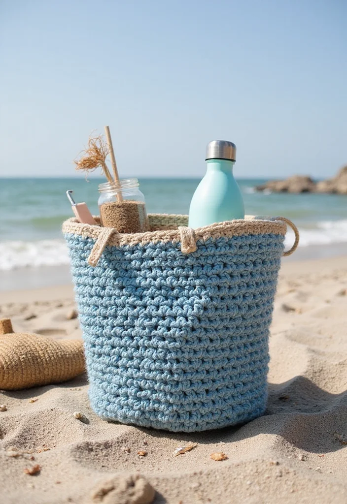 Crochet Water Bottle Holder Tutorial with 17 Functional Visual Inspirations - 12. Reflective Beach Holder