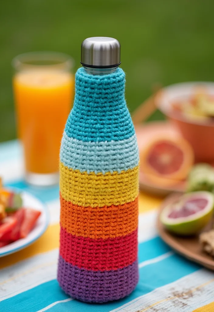 Crochet Water Bottle Holder Tutorial with 17 Functional Visual Inspirations - 6. Bright Color Block Holder