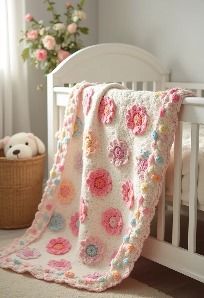 Easy Crochet Baby Blanket Guide: 20 Gentle Visual Inspirations for Beginners - 10. Embellished Blanket with Flowers