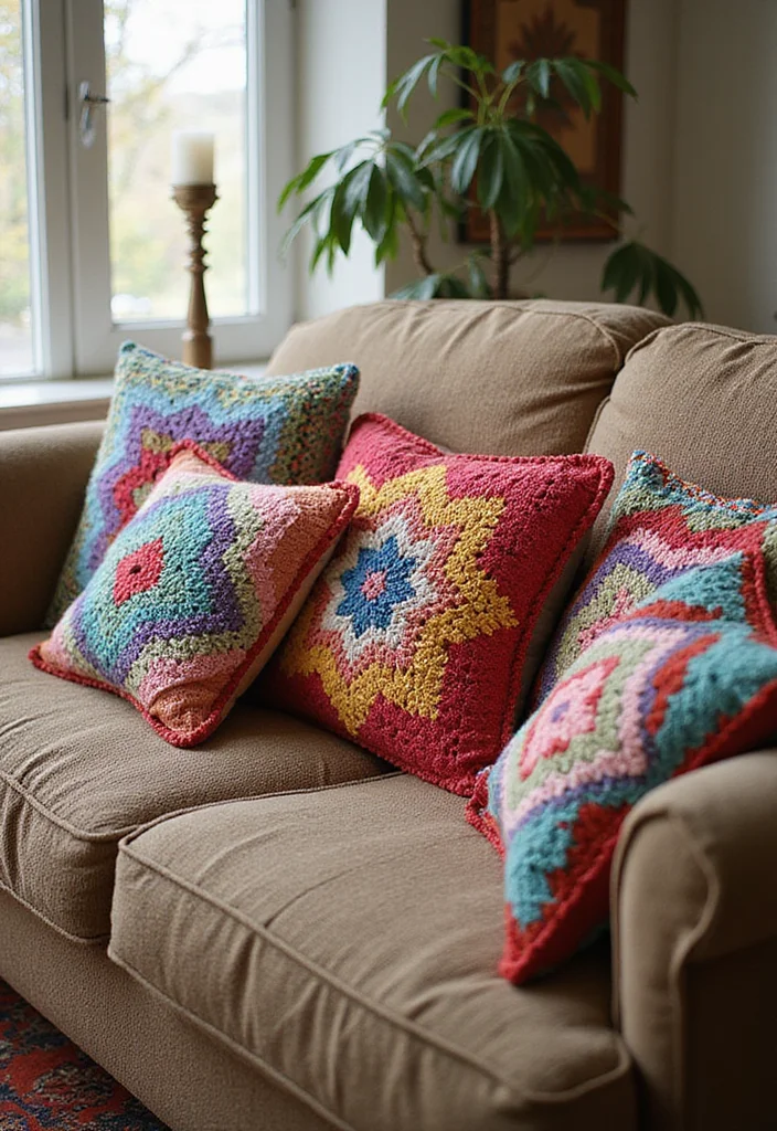 Mosaic Crochet Patterns Free: Geometric Design Guide with 19 Vibrant Visual Inspirations - 4. Colorful Mosaic Pillow Covers