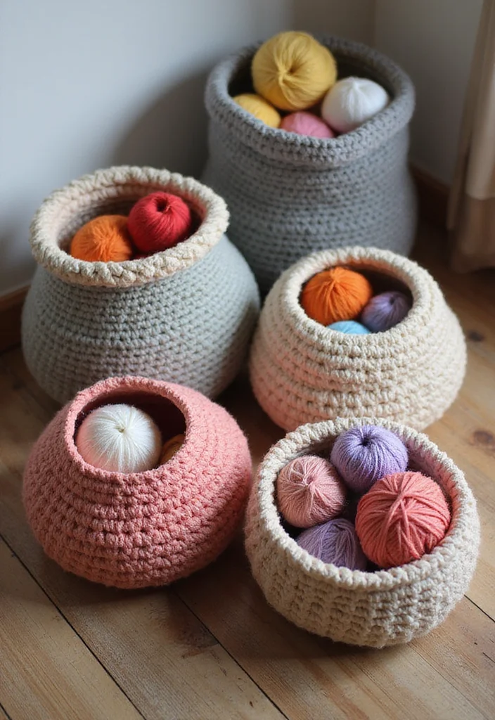 Scrap Yarn Crochet Projects: Eco-Friendly Ideas with 18 Creative Visual Inspirations - 5. Stylish Yarn Baskets